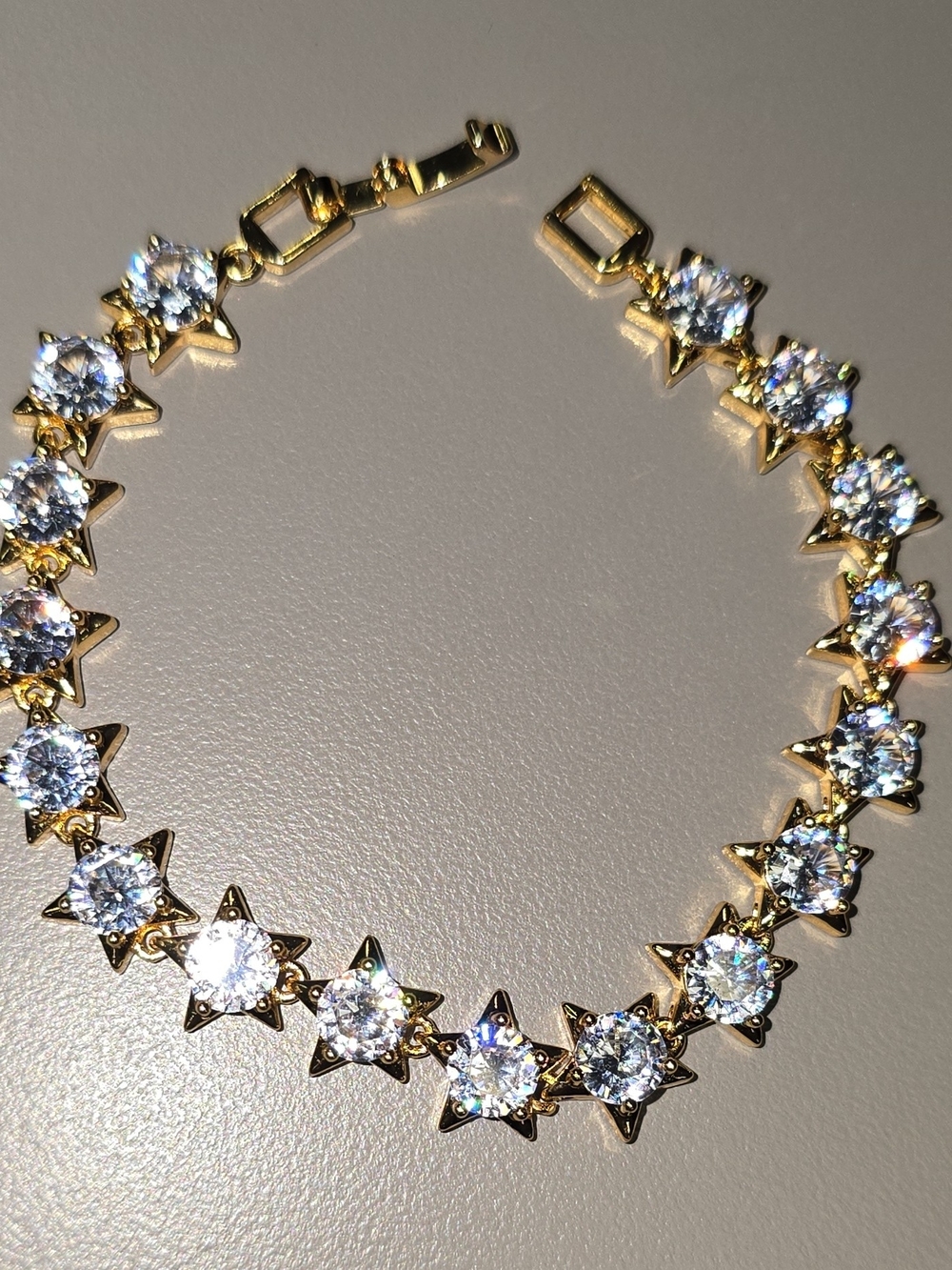 NWOT-Gold Tone Star Tennis Bracelet  Clear Stones Iced Out Celestial Chain